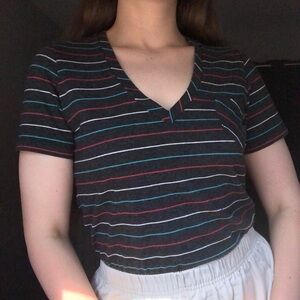 Vans dark grey multicolored striped v-neck tee